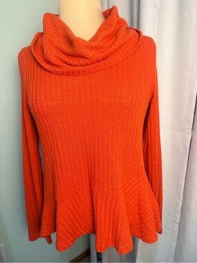 Anthropologie- Maeve- Orange Cowl Neck Ribbed Peplum Sweater